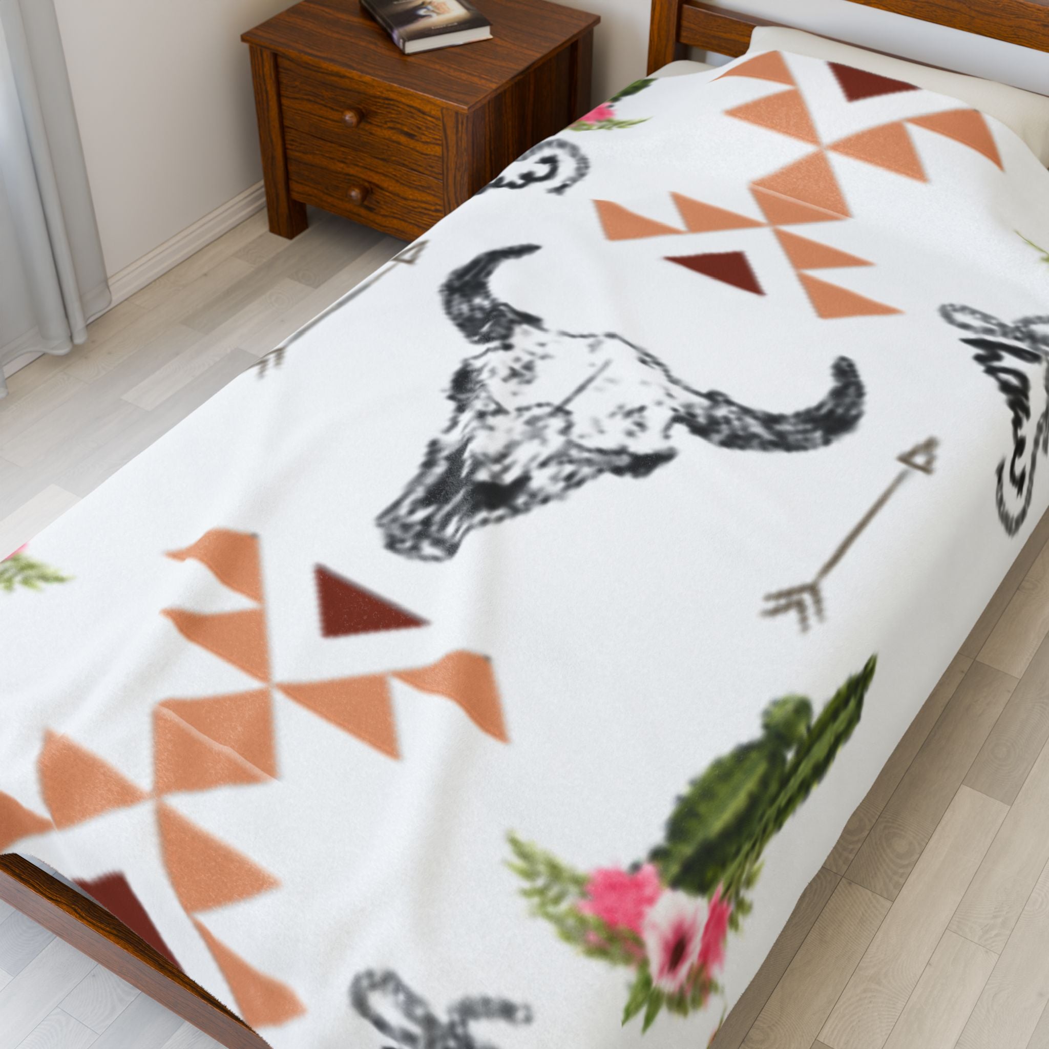 Boho Cactus & Floral Velveteen Plush Blanket — Cozy Southwestern Throw