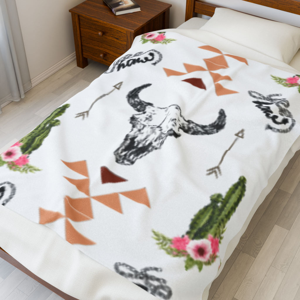 Boho Cactus & Floral Velveteen Plush Blanket — Cozy Southwestern Throw