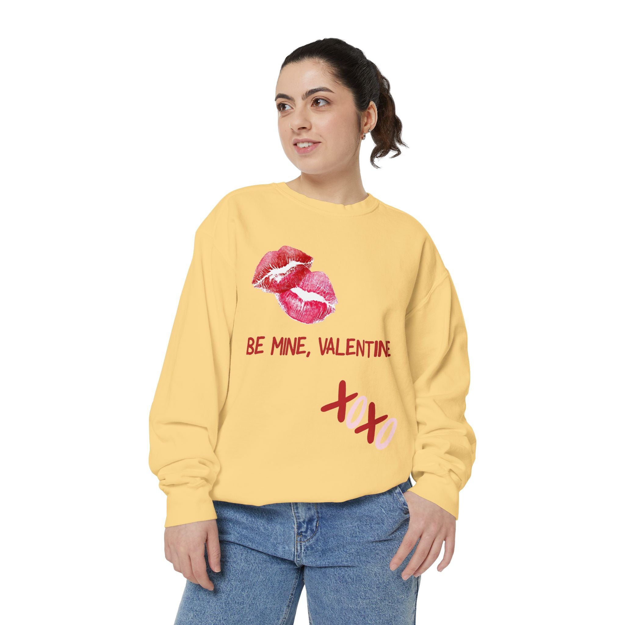 Valentine Lip Print Sweatshirt — "Be Mine, Valentine" Cozy Pullover