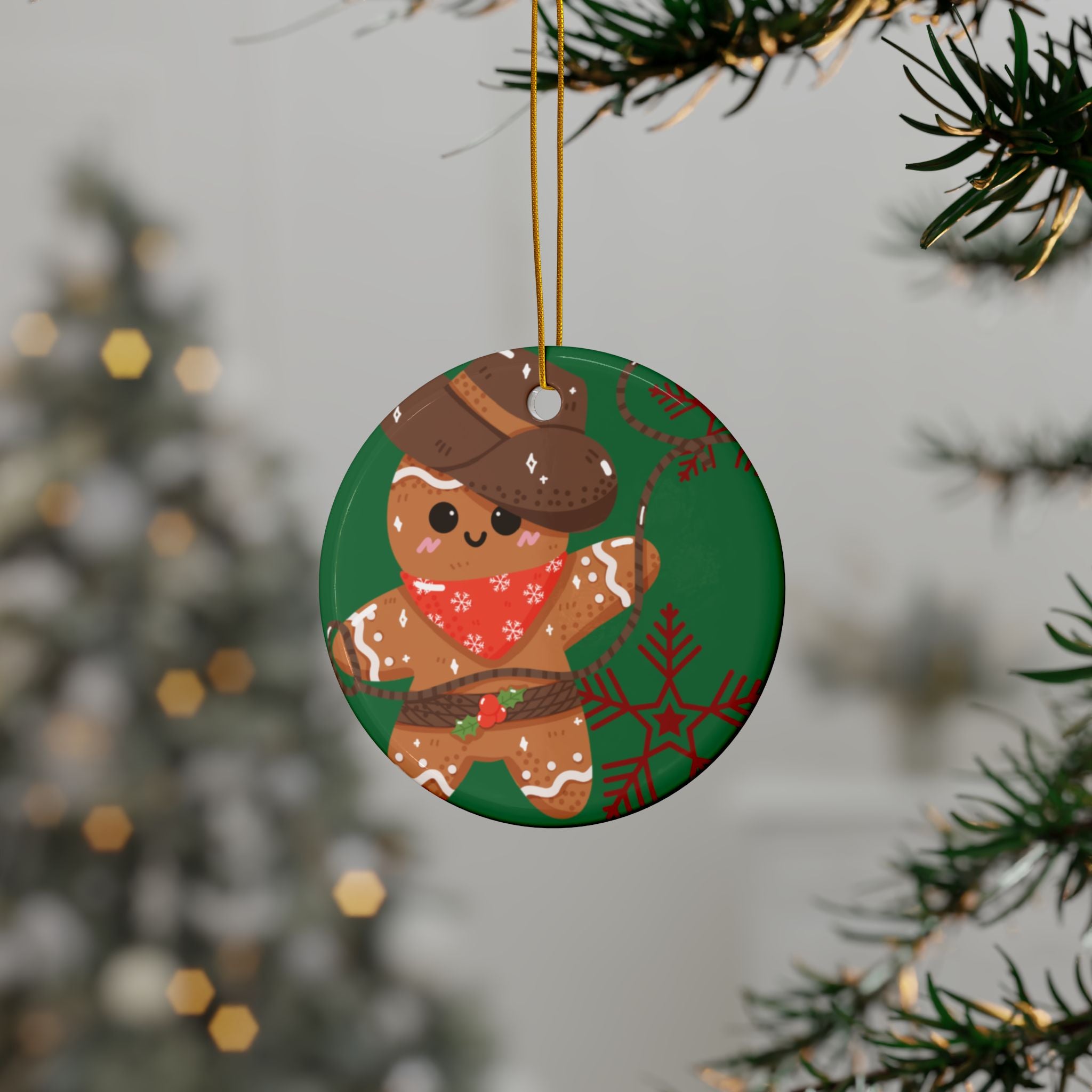 Gingerbread Cowboy Ceramic Ornament — Double-Sided Holiday Decoration