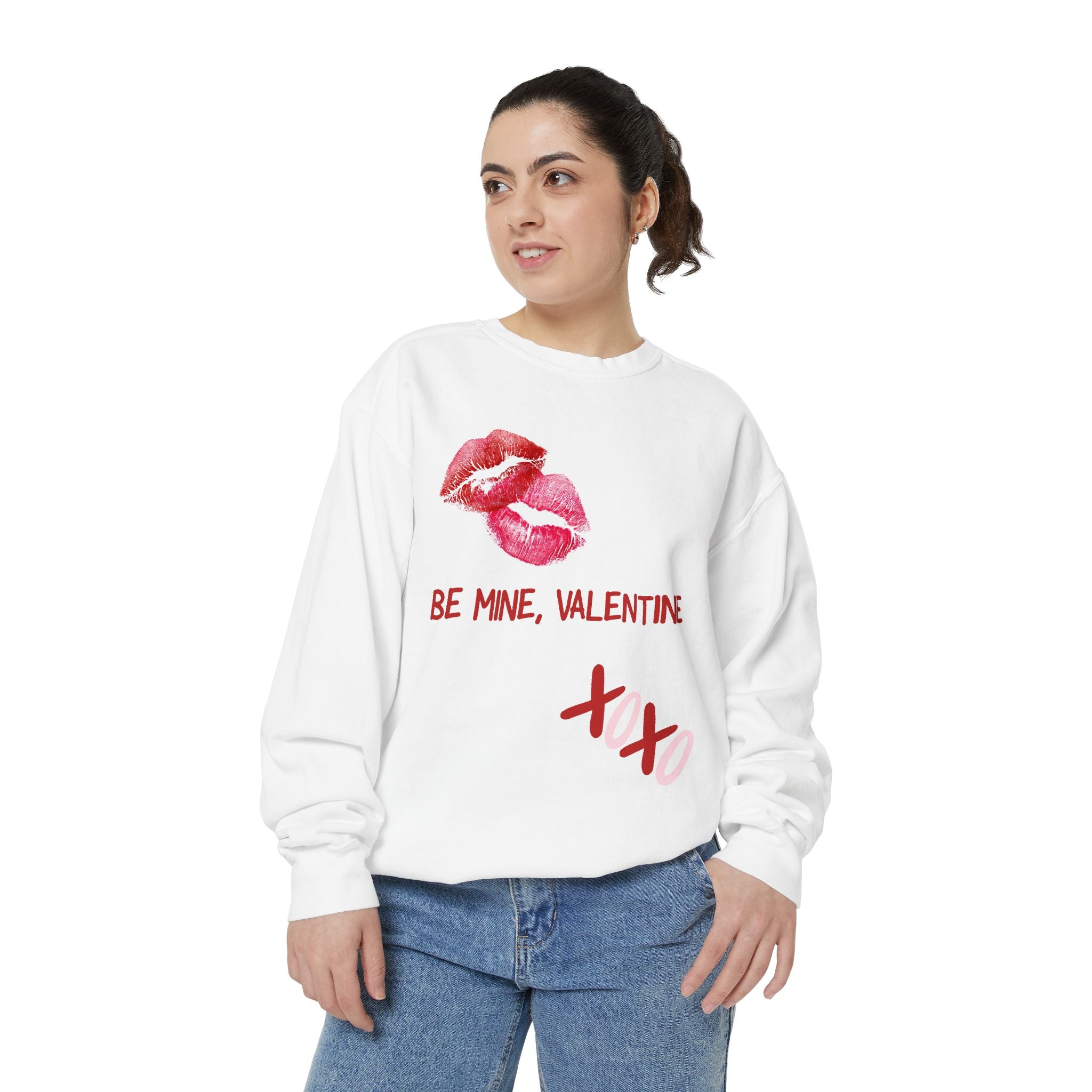 Valentine Lip Print Sweatshirt — "Be Mine, Valentine" Cozy Pullover