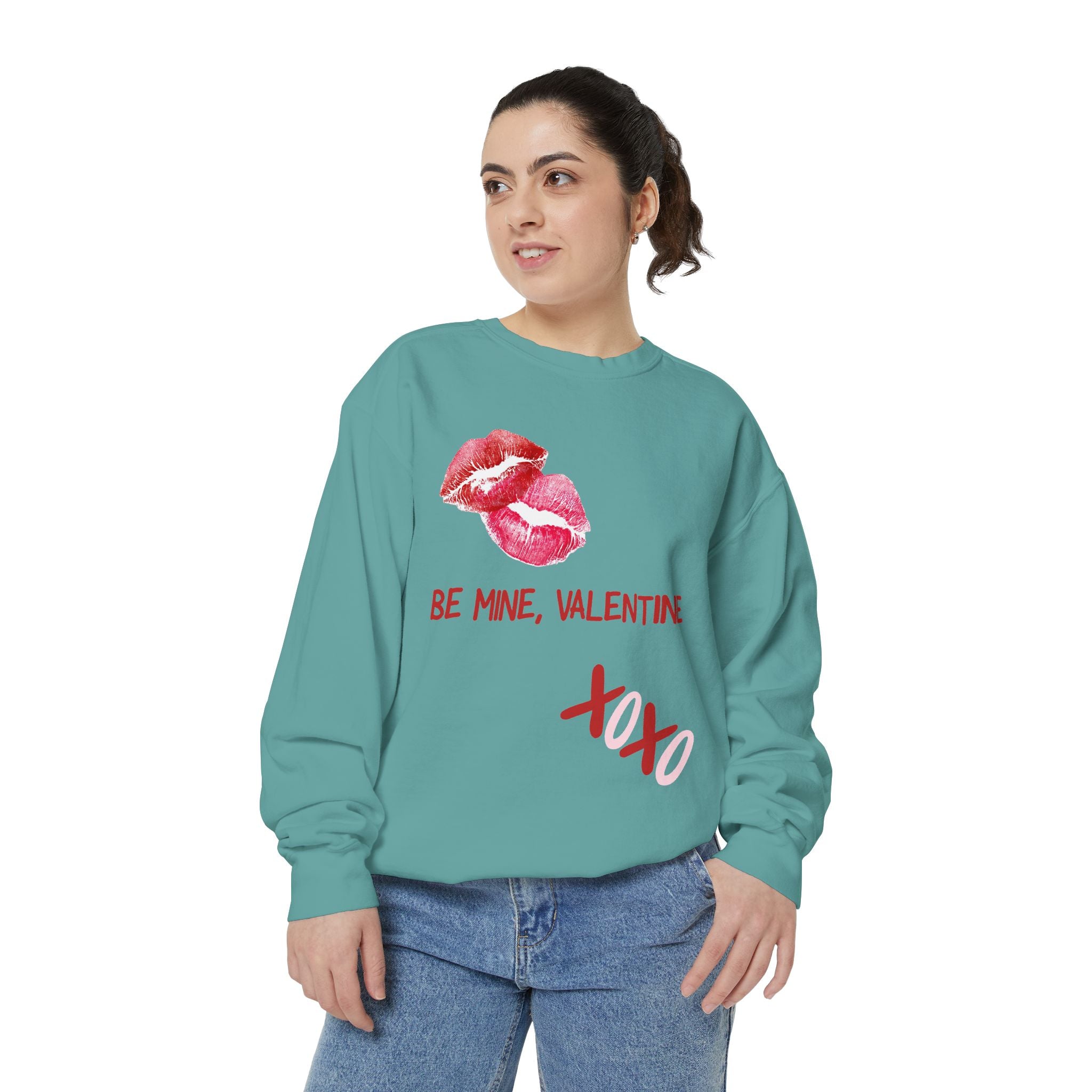 Valentine Lip Print Sweatshirt — "Be Mine, Valentine" Cozy Pullover
