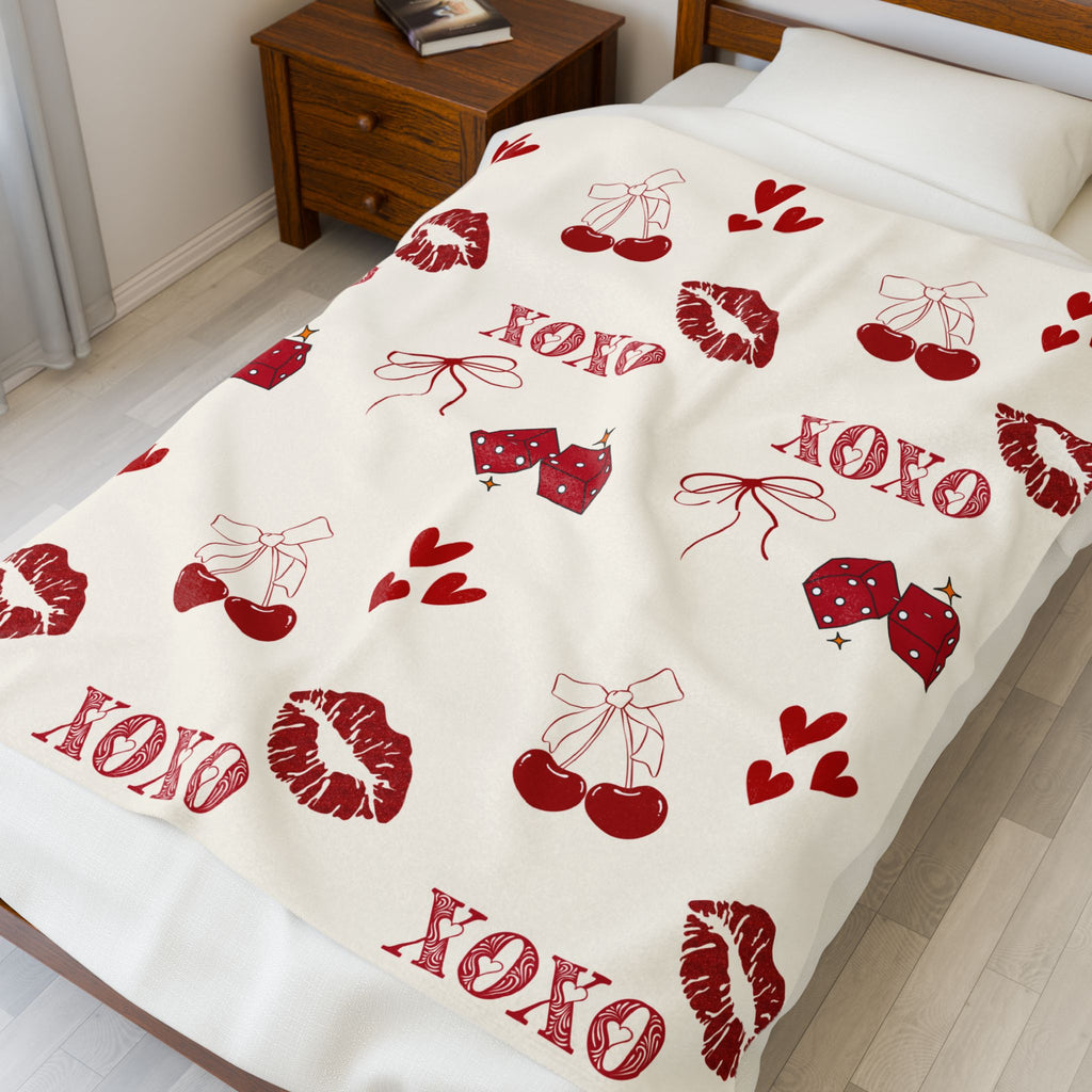 XOXO Plush Blanket – Red Cherries, Kisses & Hearts Throw