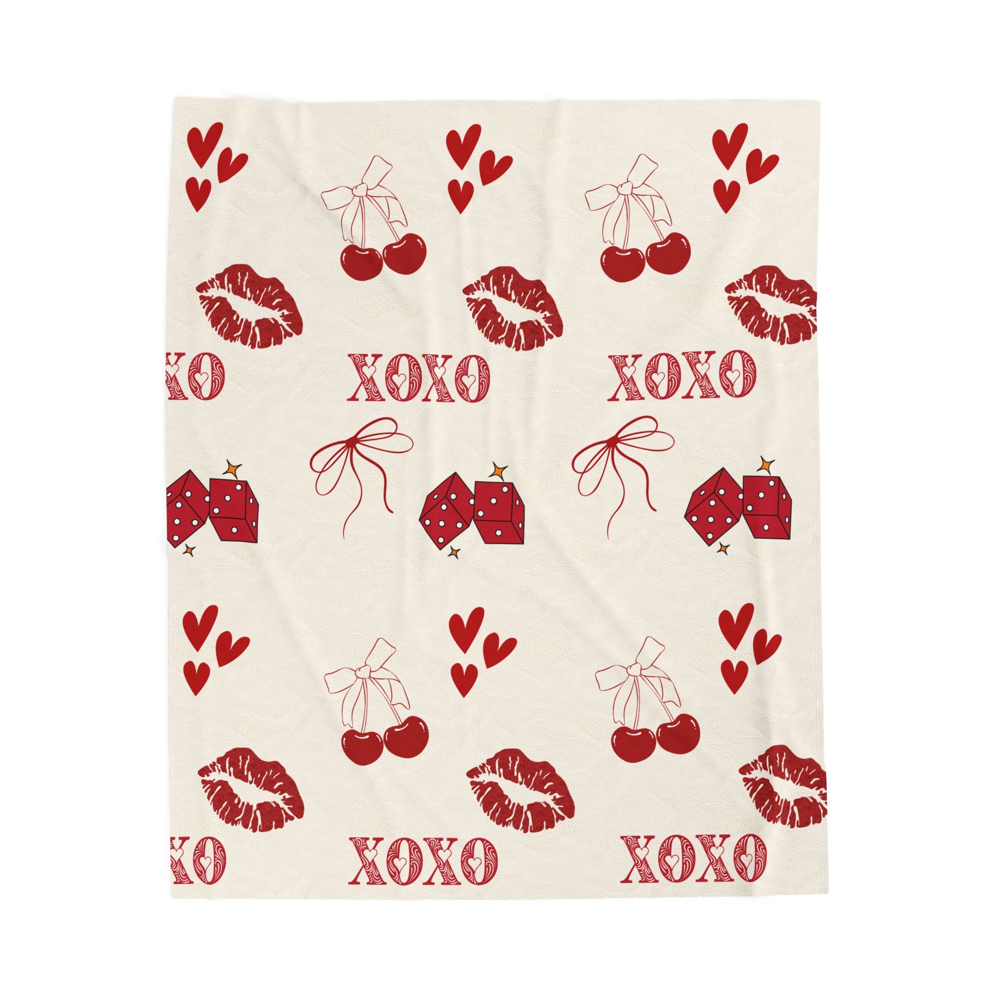 XOXO Plush Blanket – Red Cherries, Kisses & Hearts Throw
