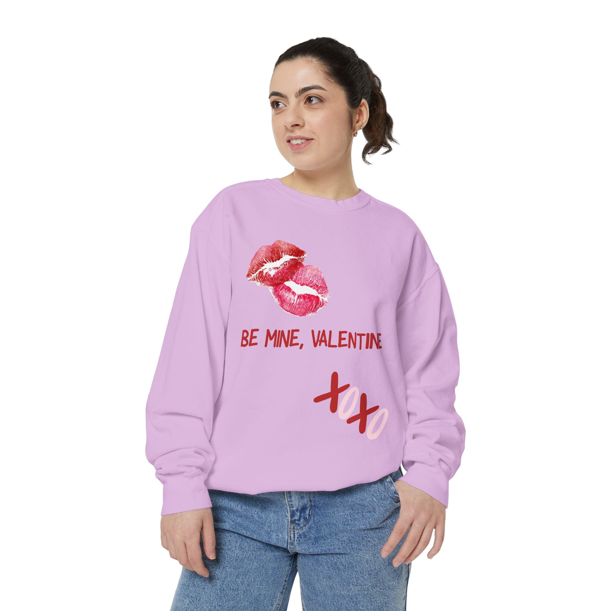 Valentine Lip Print Sweatshirt — "Be Mine, Valentine" Cozy Pullover