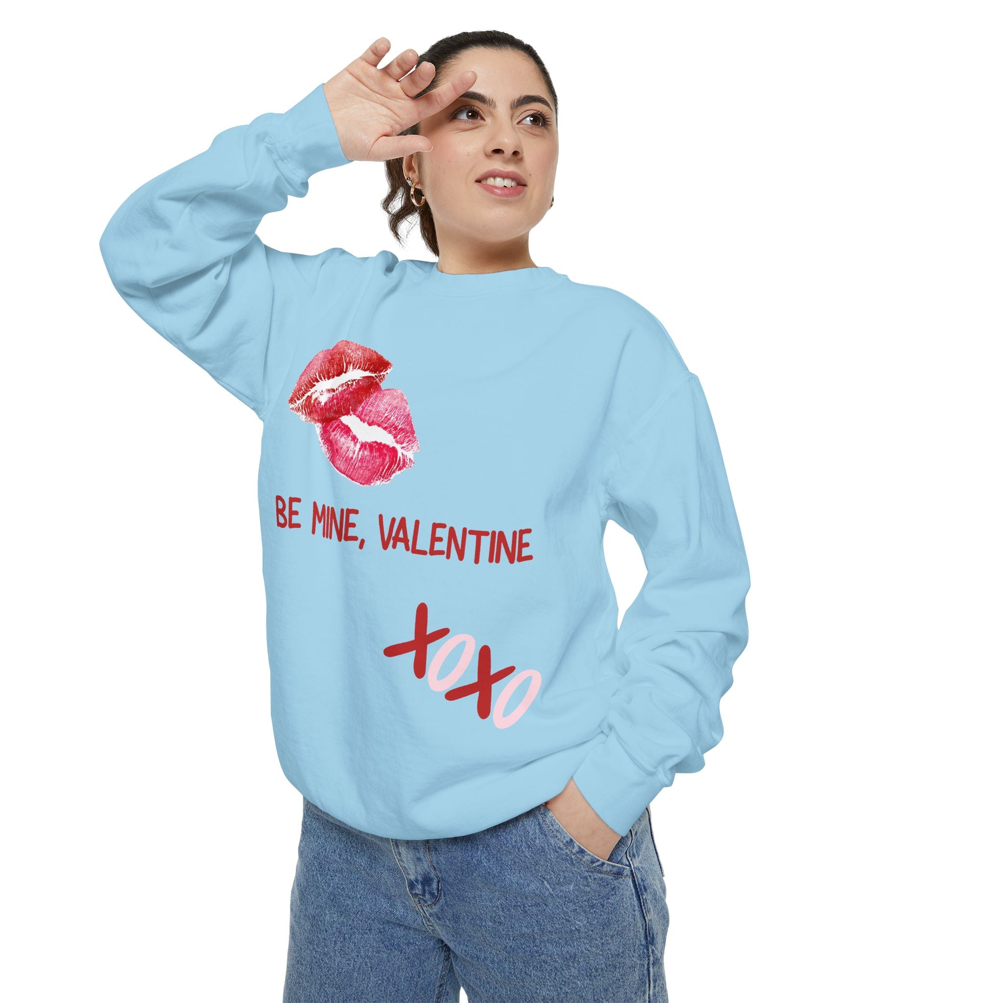 Valentine Lip Print Sweatshirt — "Be Mine, Valentine" Cozy Pullover
